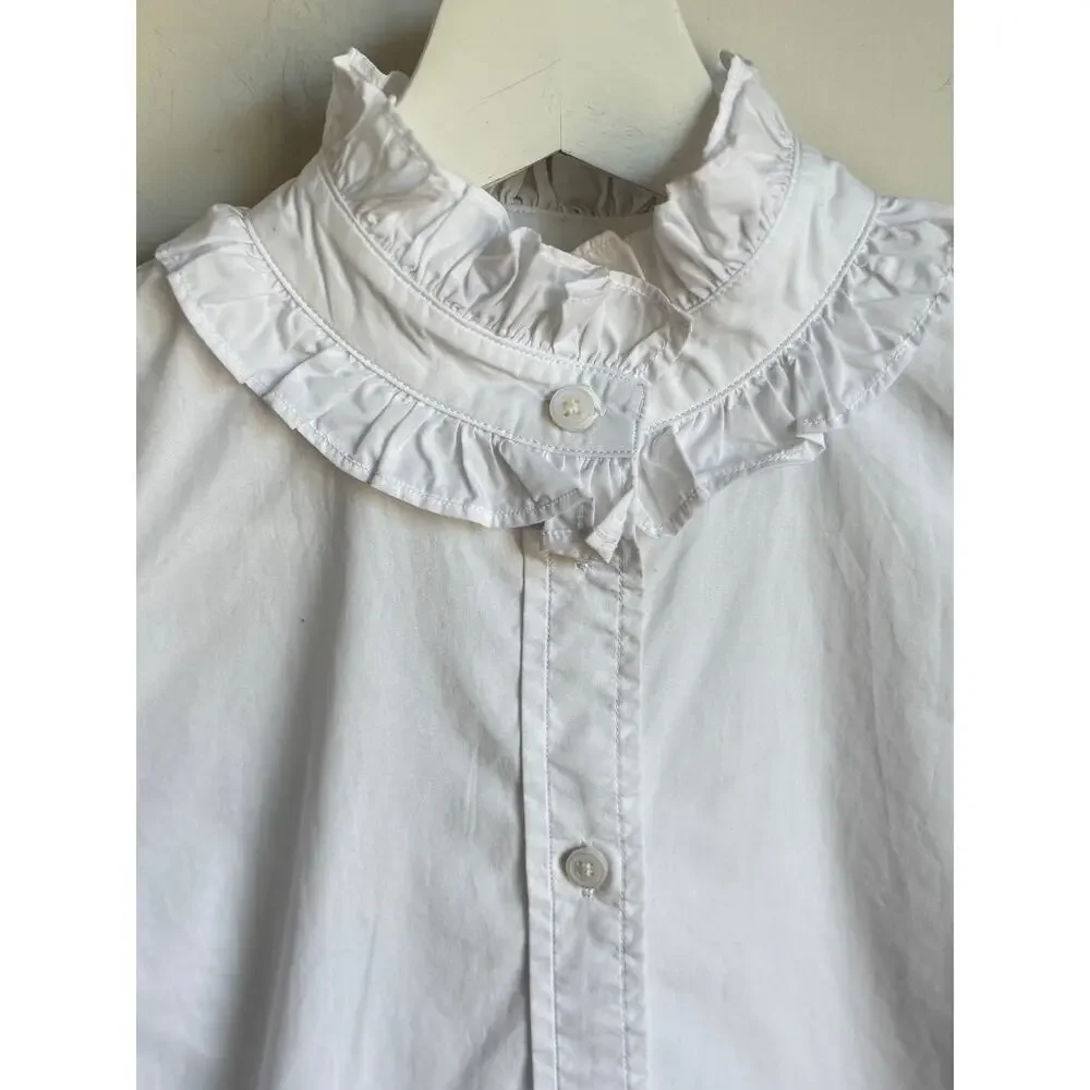 J. Crew Cotton Long Sleeve Classic-Fit Ruffle Neck Shirt White Women's Size 2